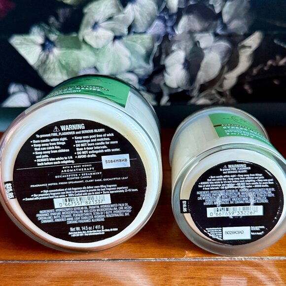 NEW 2-Pc AROMATHERAPY ECALYPTUS SPEARMINT 3-Wick Candle & Single Wick Candle BBW - Picture 3 of 4